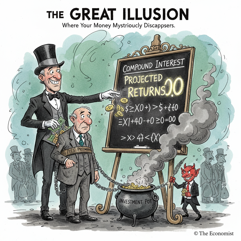 A satirical political cartoon showing an insurance salesman as a magician pulling coins from a customer's pocket while showing fake compound interest calculations, ink and watercolor style, editorial illustration, The Economist style
