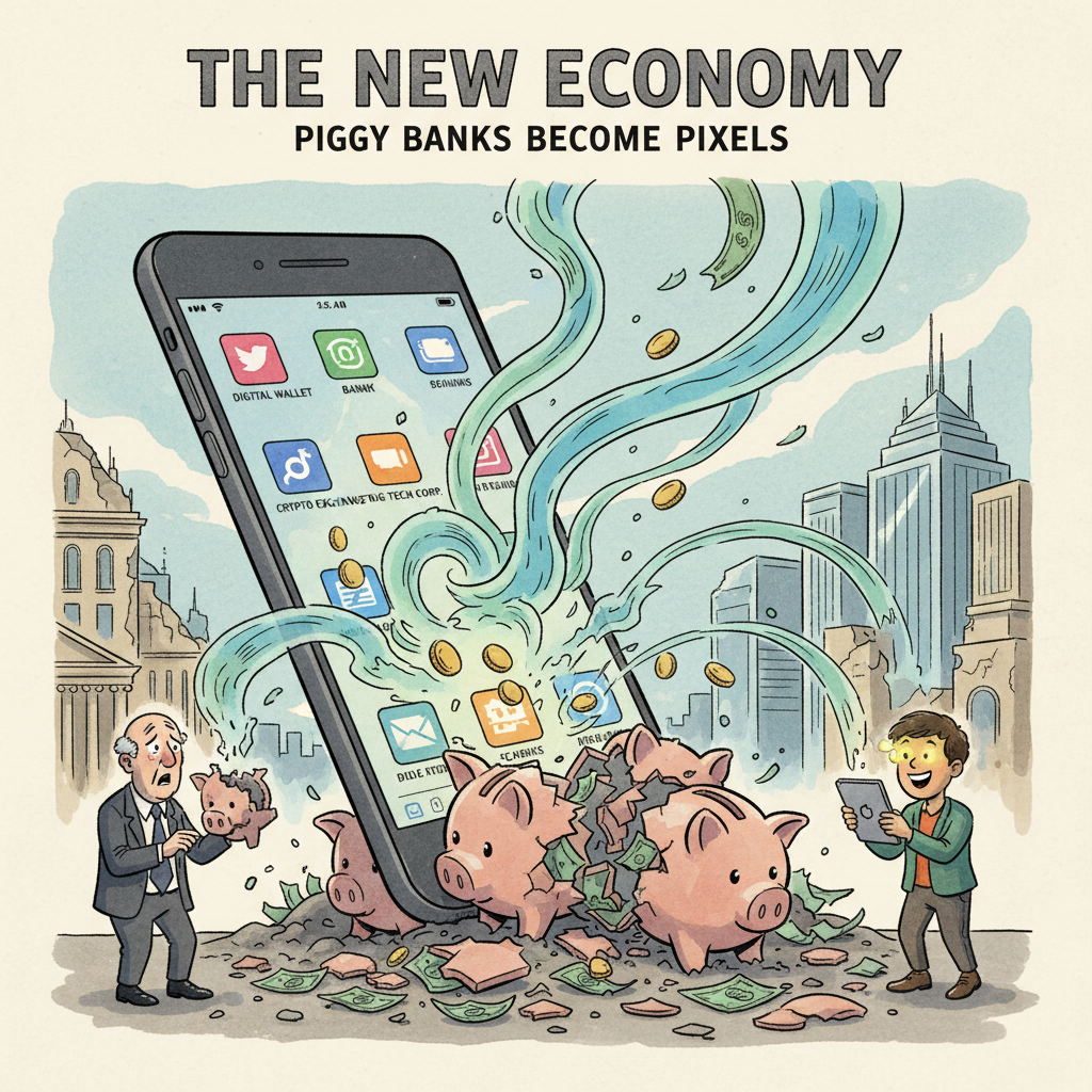A satirical political cartoon showing a giant smartphone crushing traditional piggy banks under its screen, with money flowing into digital platforms, ink and watercolor style, editorial illustration, The Economist style