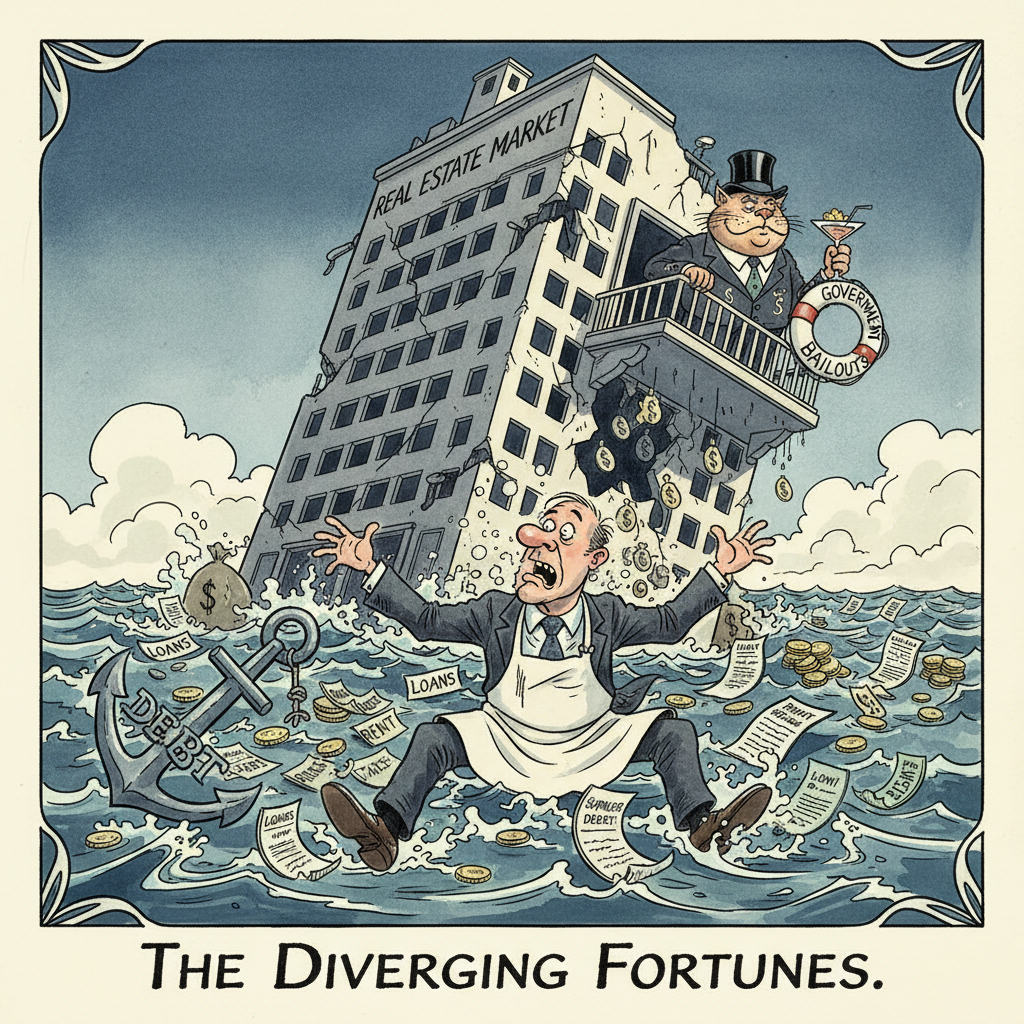 A satirical political cartoon showing a small business owner drowning in debt while a real estate investor watches from a sinking building, ink and watercolor style, editorial illustration, The Economist style