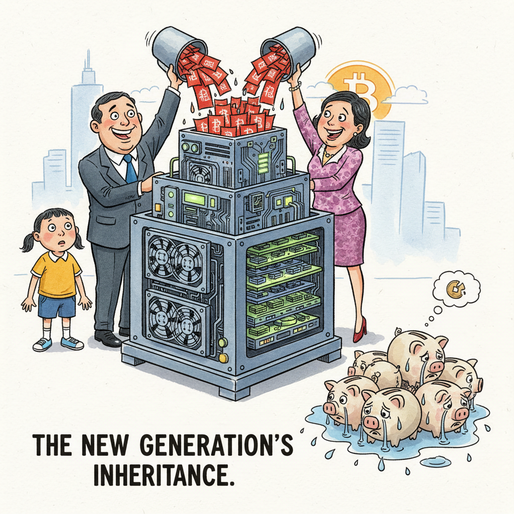 A satirical political cartoon showing parents pouring children's lucky money into a giant Bitcoin mining rig while traditional piggy banks cry in the corner, ink and watercolor style, editorial illustration, The Economist style