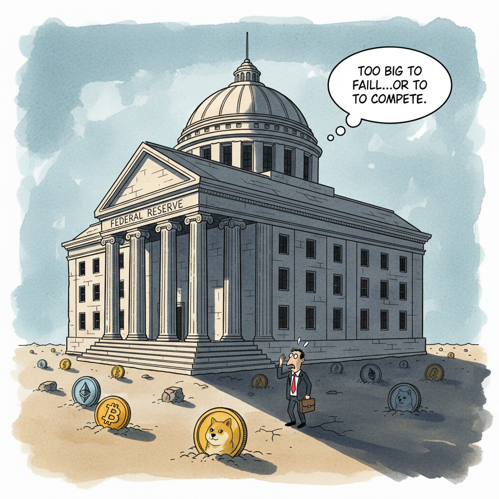 A satirical political cartoon showing a giant traditional bank building casting a dark shadow over small cryptocurrency coins, ink and watercolor style, editorial illustration, The Economist style