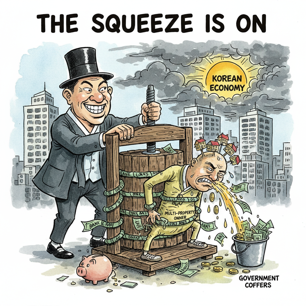 A satirical political cartoon showing a Korean government official squeezing a multi-property owner like a lemon to extract tax money, with bank loans as ropes tying them down, ink and watercolor style, editorial illustration, The Economist style