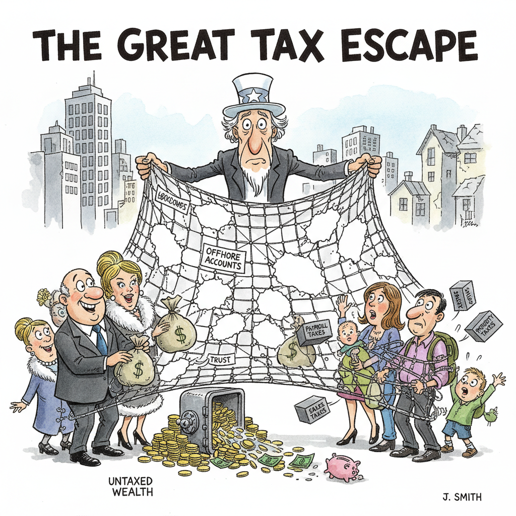 A satirical political cartoon showing a wealthy family passing money through loopholes in a tax net while a middle-class family gets trapped, ink and watercolor style, editorial illustration, The Economist style