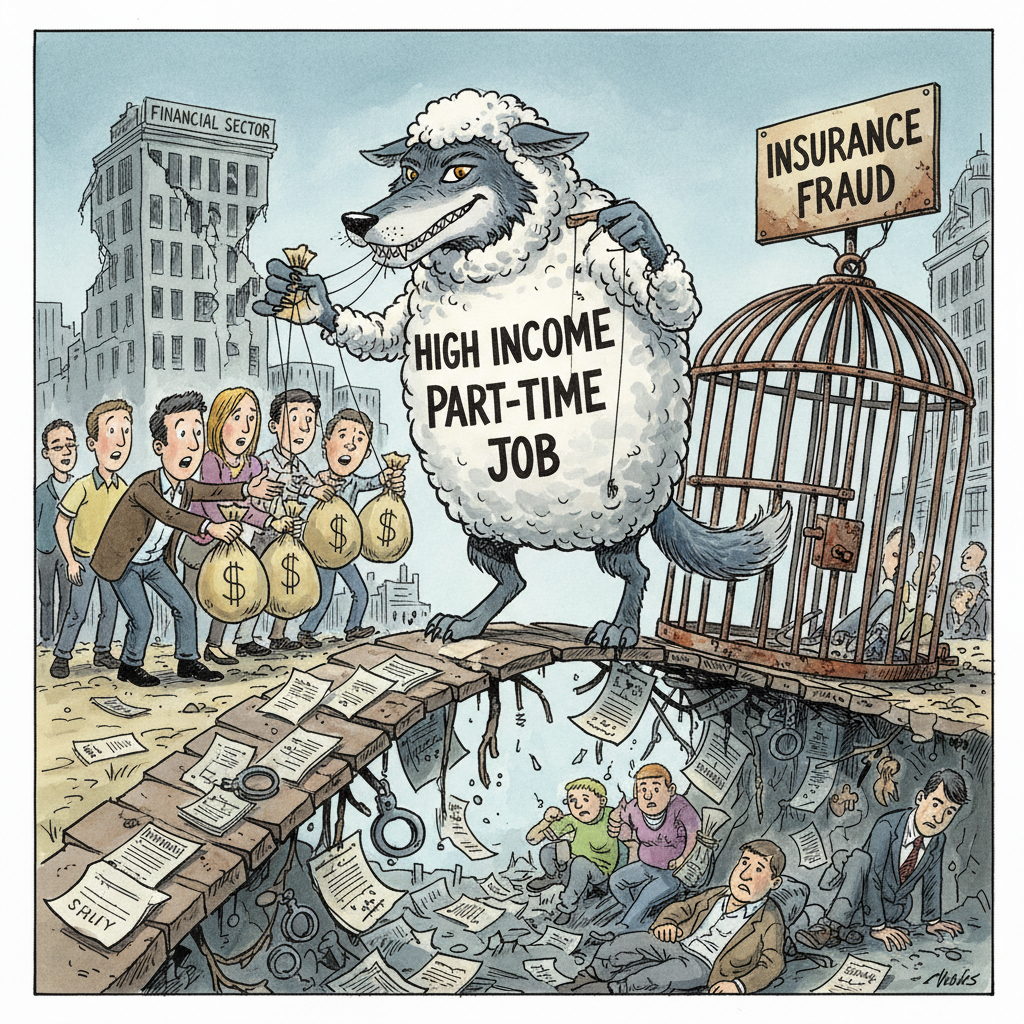 A satirical political cartoon showing a wolf in sheep's clothing labeled 'High Income Part-time Job' luring young people into a trap of insurance fraud, ink and watercolor style, editorial illustration, The Economist style