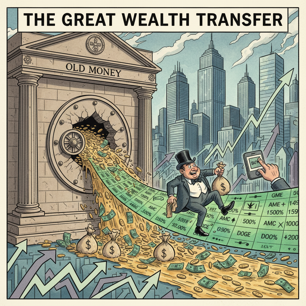 A satirical political cartoon showing money flowing from a traditional bank vault to a stock market ticker tape, ink and watercolor style, editorial illustration, The Economist style
