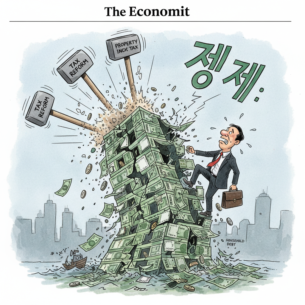 A satirical political cartoon showing a Korean salaryman trying to climb a crumbling apartment building made of money, with tax hammers hitting from above, ink and watercolor style, editorial illustration, The Economist style
