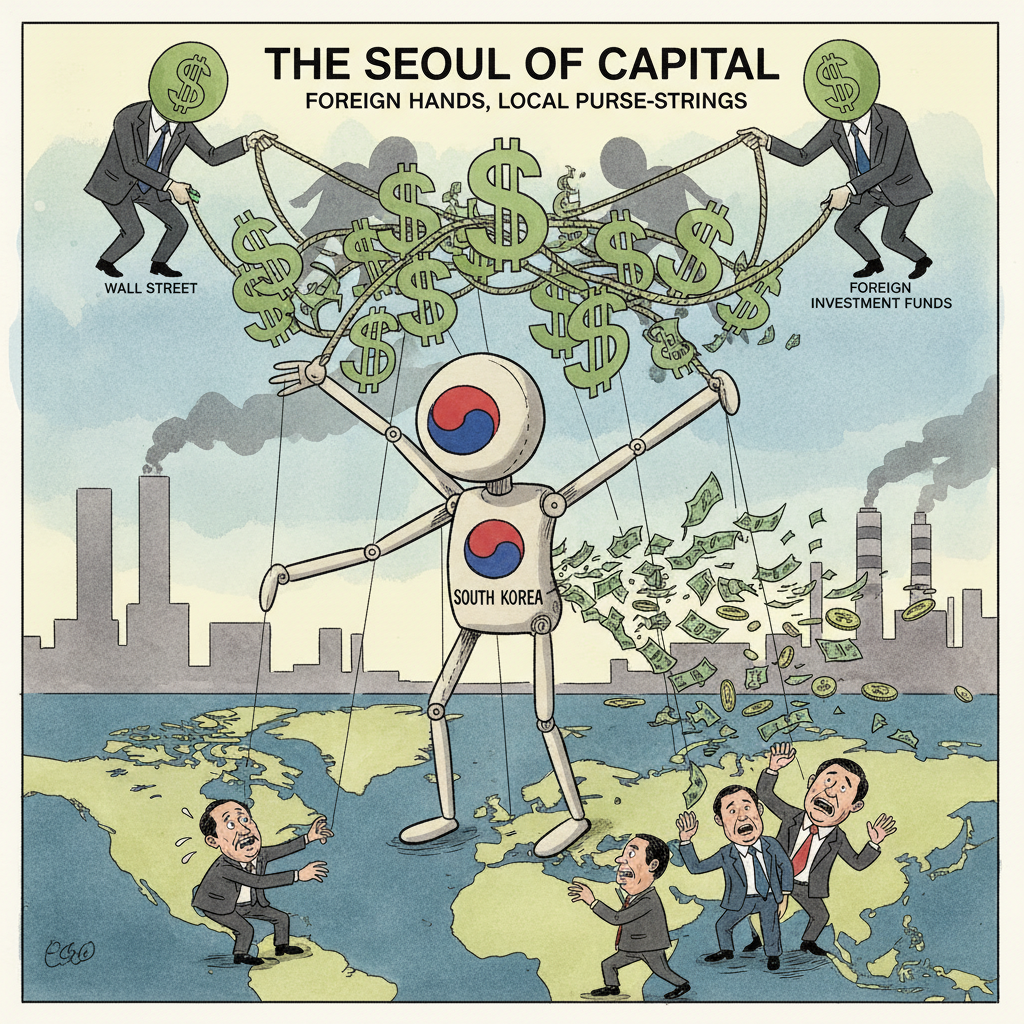 A satirical political cartoon showing South Korea as a puppet being controlled by foreign capital strings, with dollar bills flowing in and out, ink and watercolor style, editorial illustration, The Economist style