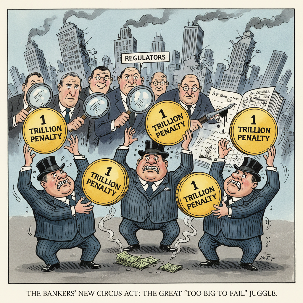 A satirical political cartoon showing bankers juggling giant coins labeled '1 Trillion Won Penalty' while regulators watch with magnifying glasses, ink and watercolor style, editorial illustration, The Economist style