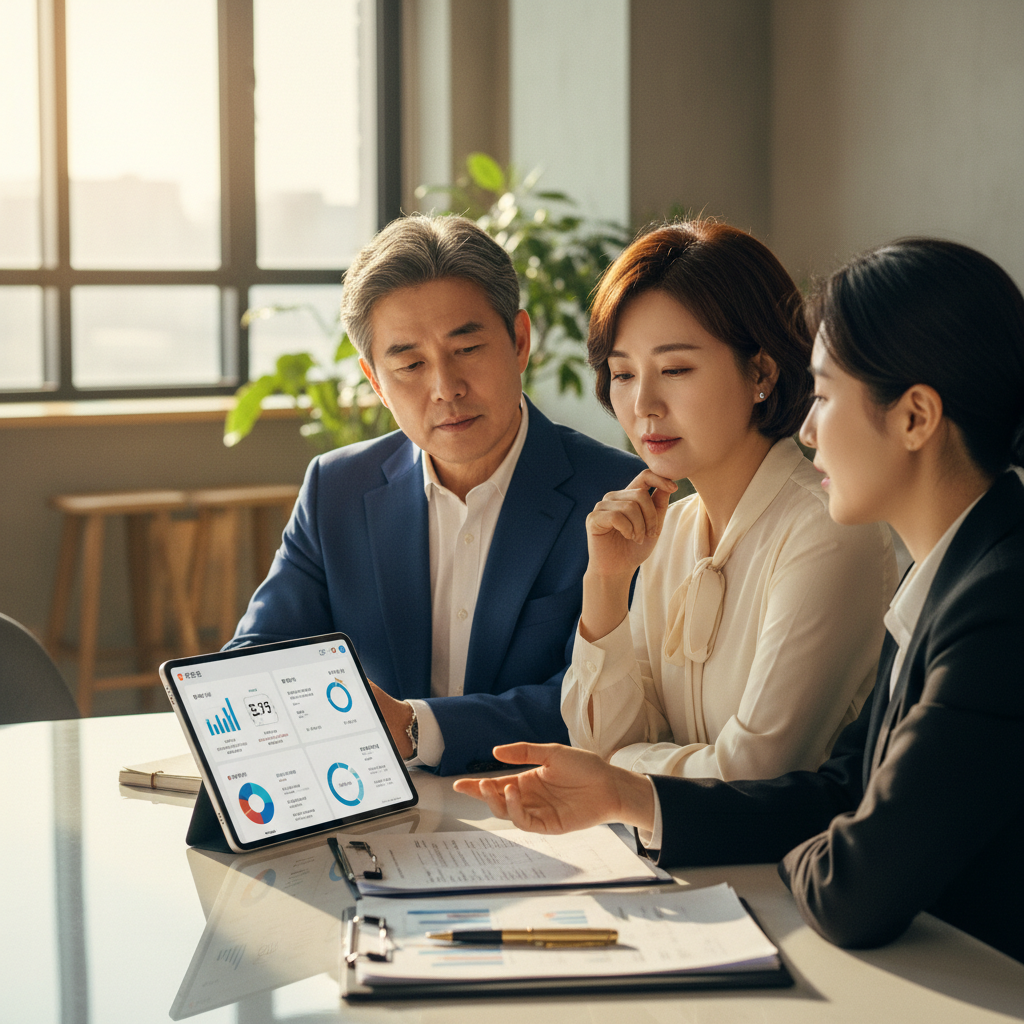 A real photograph of a middle-aged Korean couple sitting with a financial planner at a modern office, reviewing pension insurance documents on a tablet, warm natural lighting, shot on Canon EOS R5, 85mm lens, shallow depth of field, 8k resolution, photojournalism
