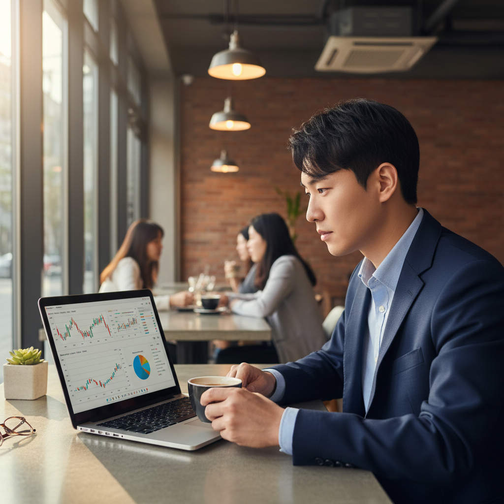 A real photograph of a young Korean professional checking investment portfolio on laptop in a modern cafe, shot on Canon EOS R5, 85mm lens, shallow depth of field, natural lighting, 8k resolution, photojournalism