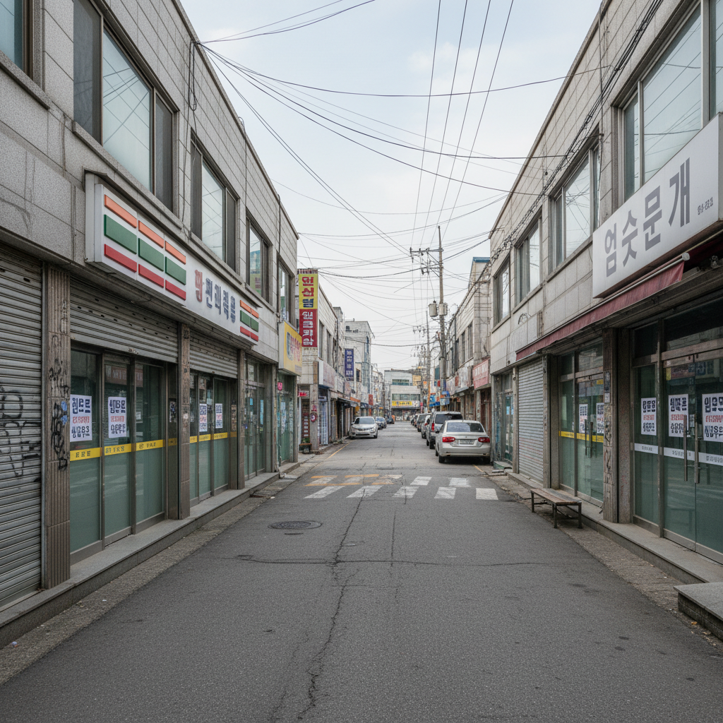 A real photograph of an empty commercial street in a provincial Korean city with multiple closed shops and 'For Rent' signs, shot on Canon EOS R5, 35mm lens, shallow depth of field, natural lighting, 8k resolution, photojournalism