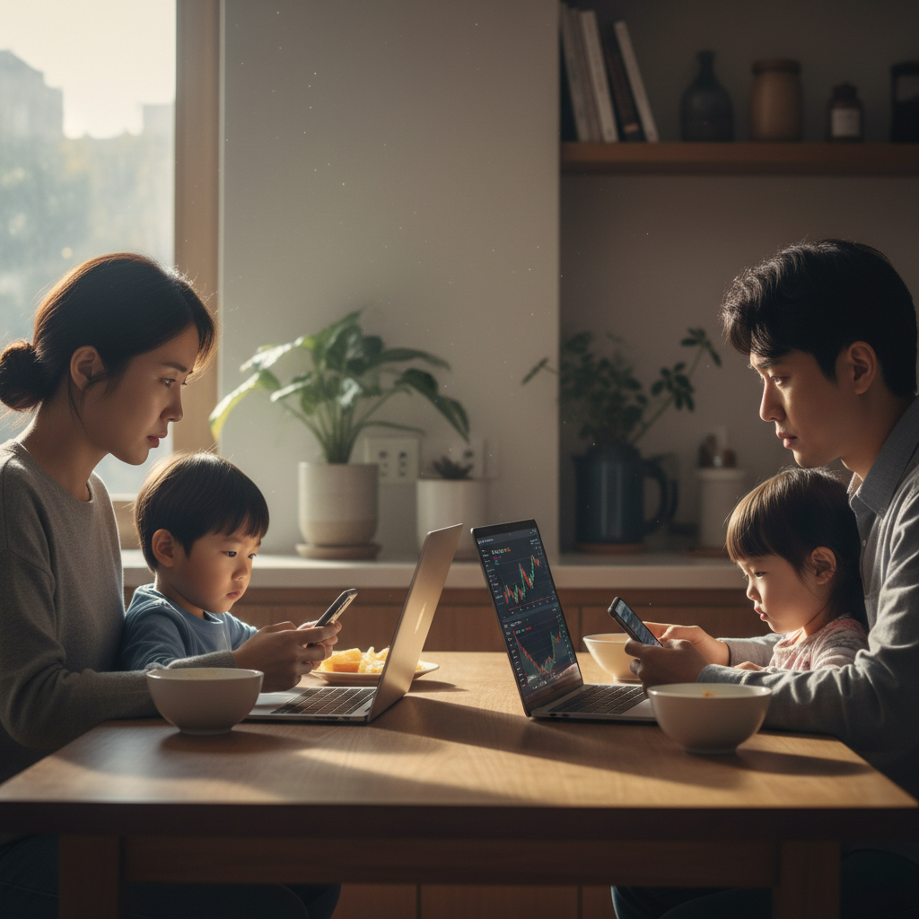 A real photograph of a young Korean family sitting at a kitchen table with laptops and smartphones showing cryptocurrency trading apps, concerned expressions, natural morning light, shot on Canon EOS R5, 85mm lens, shallow depth of field, 8k resolution, photojournalism