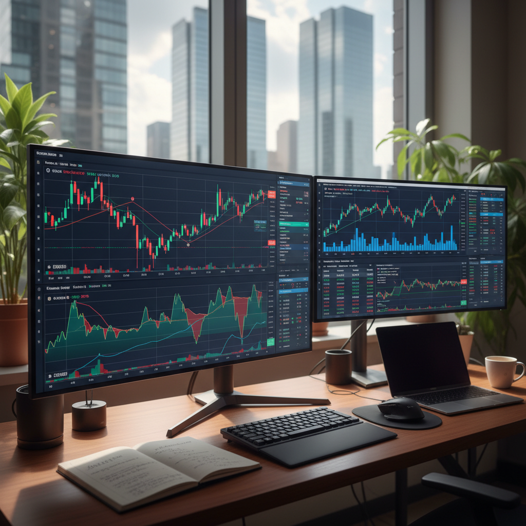 A real photograph of a modern trading desk with multiple monitors showing cryptocurrency charts and traditional stock market data side by side, shot on Canon EOS R5, 85mm lens, shallow depth of field, natural lighting, 8k resolution, photojournalism