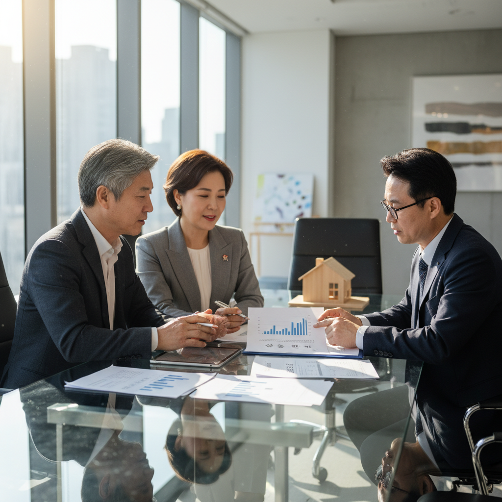 A real photograph of a middle-aged Korean couple meeting with a tax accountant in a modern office, reviewing property documents and inheritance planning papers on a glass table, shot on Canon EOS R5, 85mm lens, shallow depth of field, natural lighting, 8k resolution, photojournalism