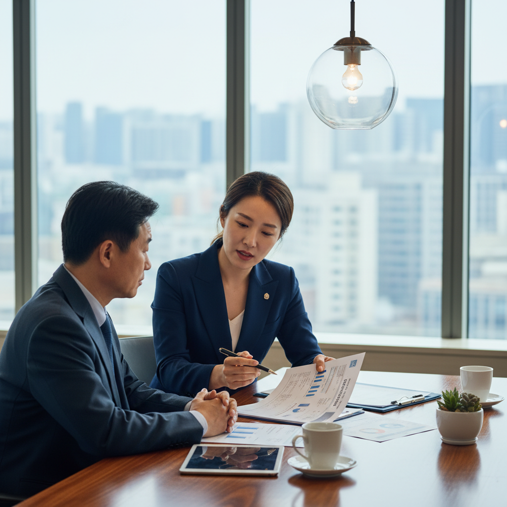 A real photograph of a Korean financial advisor explaining IRP documents to a client in a modern office, shot on Canon EOS R5, 85mm lens, shallow depth of field, natural lighting, 8k resolution, photojournalism