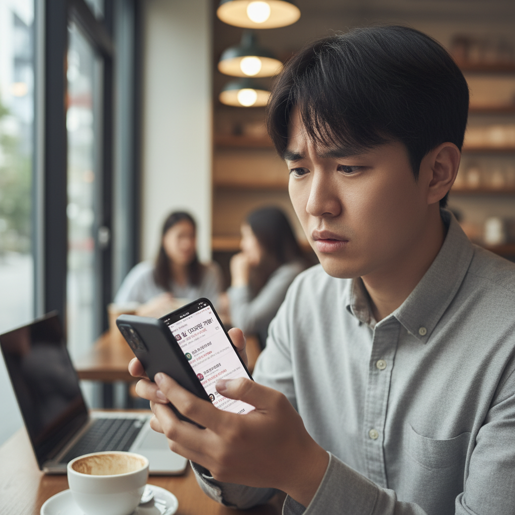 A real photograph of a young Korean adult looking distressed while scrolling through suspicious job offers on their smartphone in a cafe, shot on Canon EOS R5, 85mm lens, shallow depth of field, natural lighting, 8k resolution, photojournalism