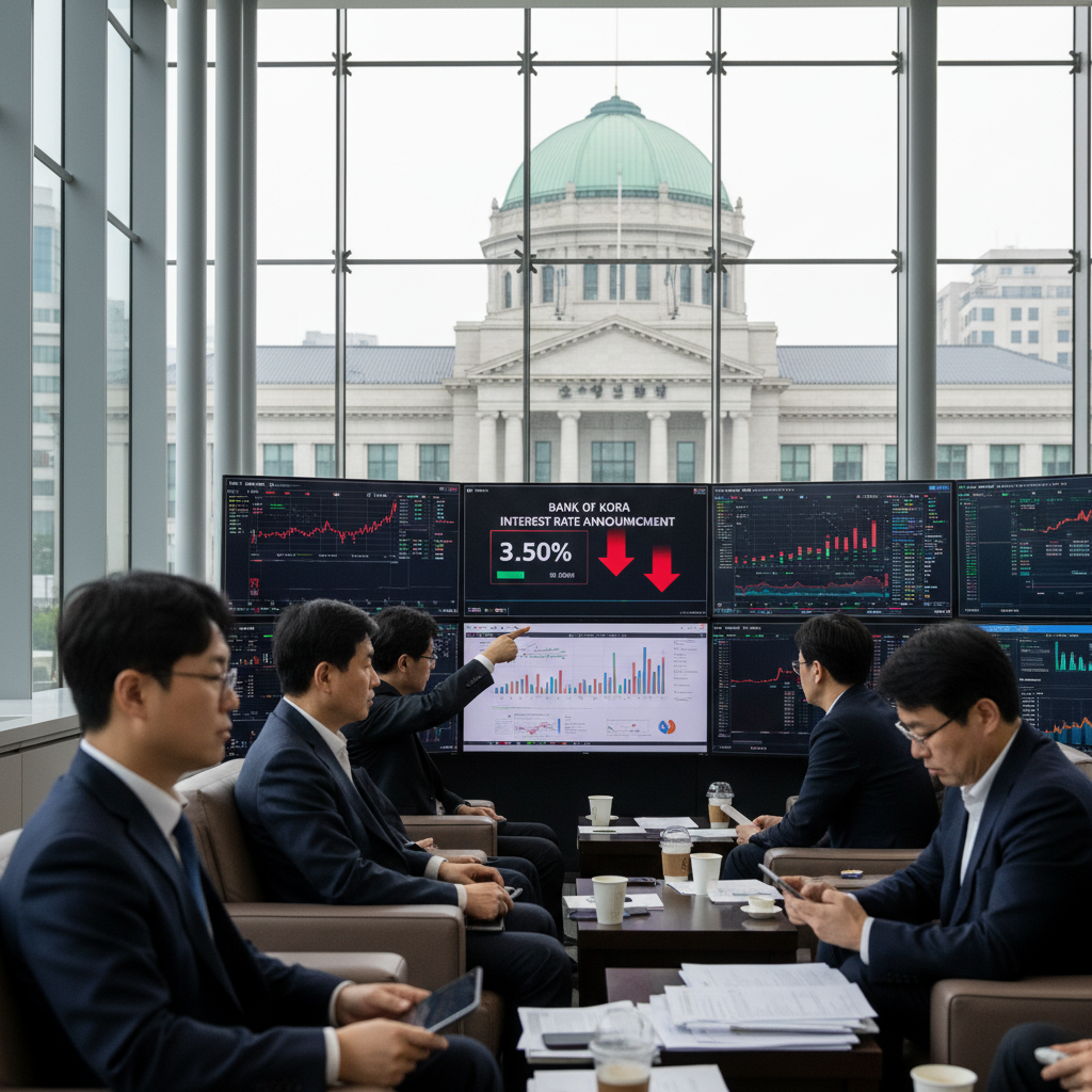 A real photograph of the Bank of Korea headquarters in Seoul with financial analysts watching interest rate announcements on multiple screens, shot on Canon EOS R5, 85mm lens, shallow depth of field, natural lighting, 8k resolution, photojournalism