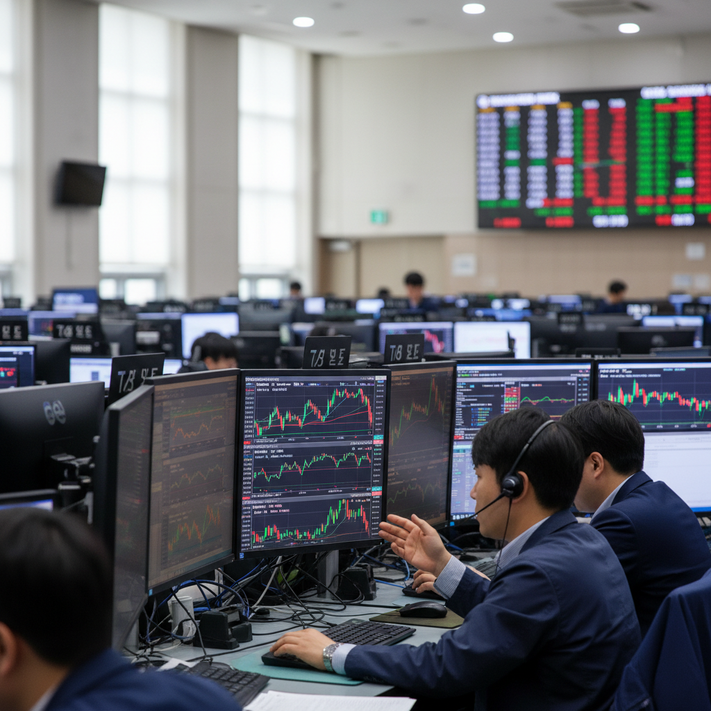 A real photograph of a Korean stock trading floor with multiple monitors showing semiconductor stock charts, traders analyzing data, shot on Canon EOS R5, 85mm lens, shallow depth of field, natural lighting, 8k resolution, photojournalism