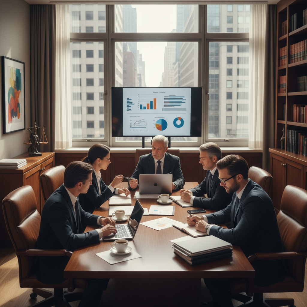 A hyper-realistic cinematic photograph of a luxurious law firm office where lawyers and accountants discuss inheritance tax avoidance strategies, natural lighting, 8k resolution, photojournalism style, sharp focus