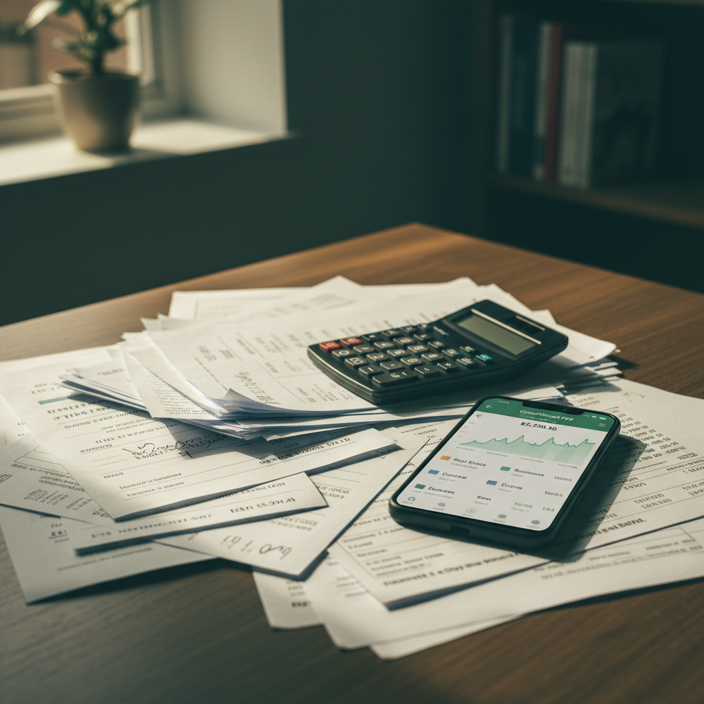 A documentary photograph of financial documents and calculator on a desk with smartphone showing P2P investment app, shot on Fujifilm X-T5, 35mm lens, cinematic color grading, natural light, 8k, editorial photography