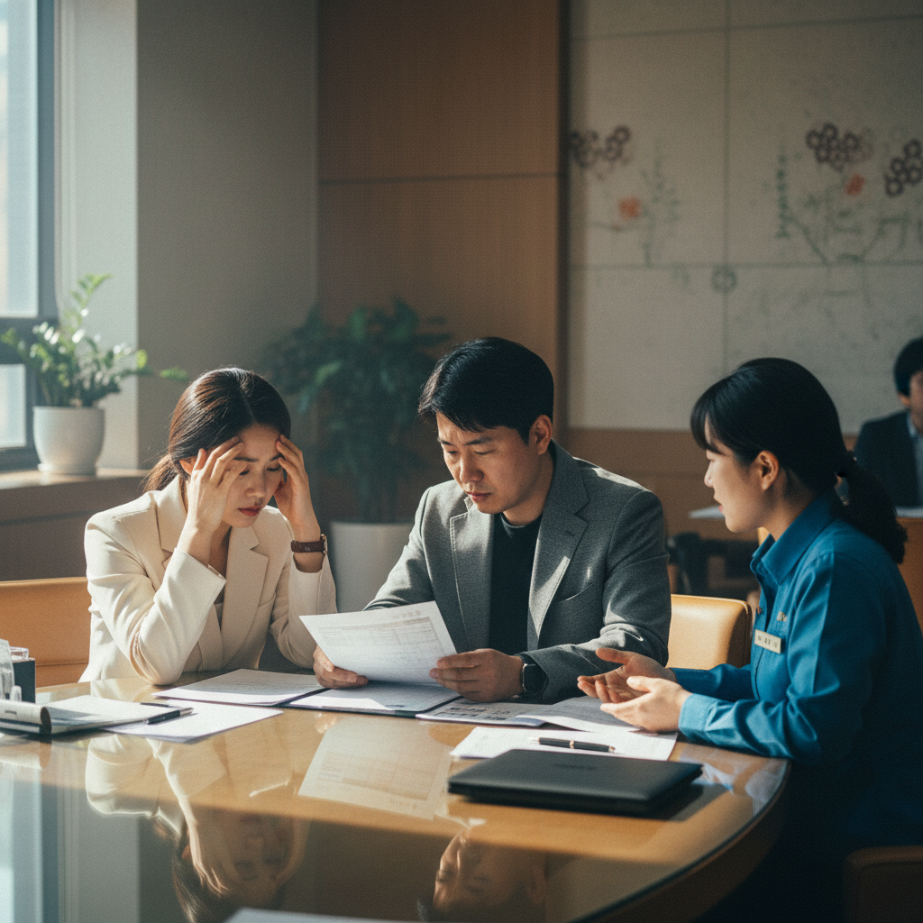 A documentary photograph of a Korean couple reviewing real estate documents with a worried expression at a local bank, shot on Fujifilm X-T5, 85mm lens, cinematic color grading, natural light, 8k, editorial photography