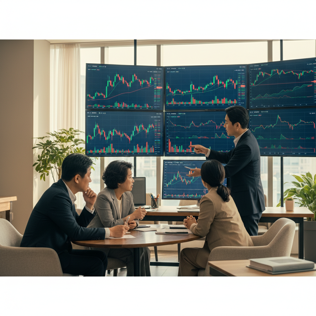 A documentary photograph of financial advisors explaining investment charts to middle-aged Korean parents in a modern office, with Bitcoin price charts visible on screens in background, shot on Fujifilm X-T5, 35mm lens, cinematic color grading, natural light, 8k, editorial photography