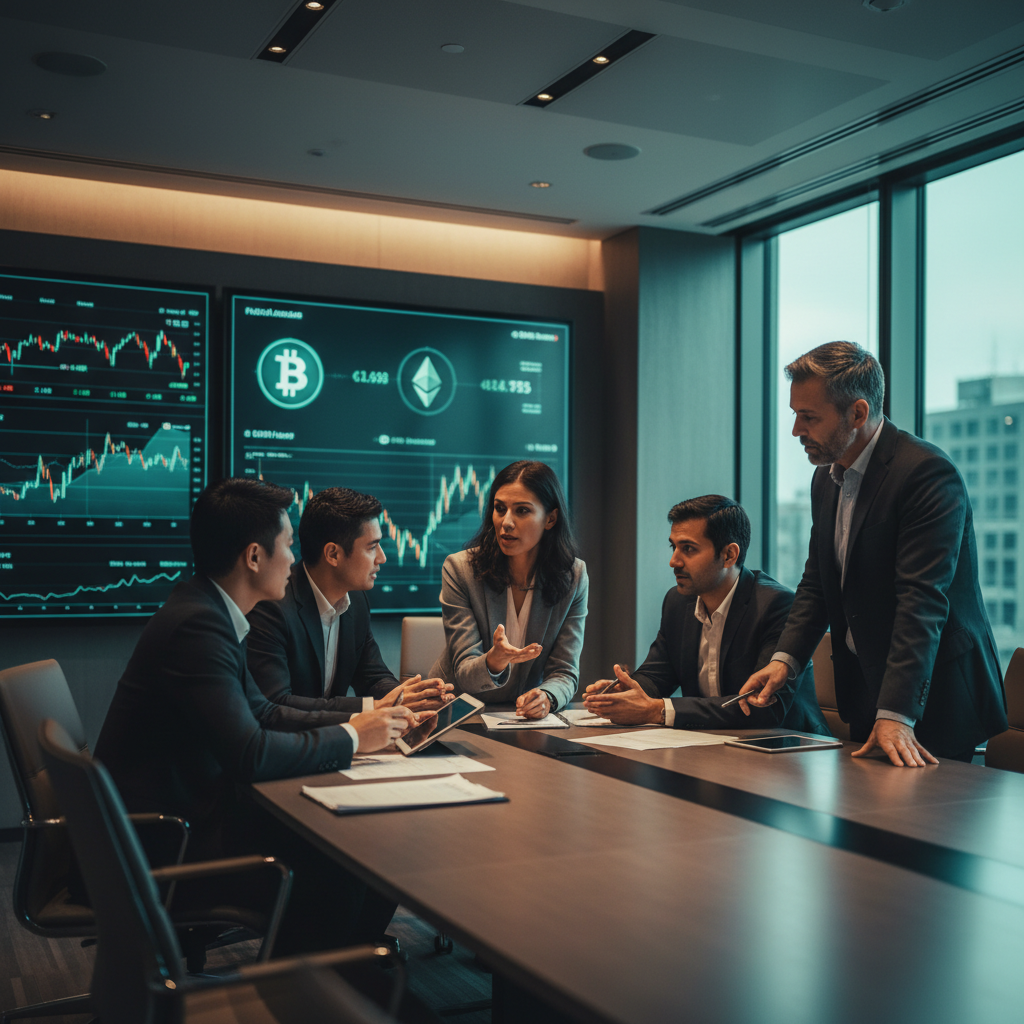A documentary photograph of a diverse group of investors discussing portfolio strategies in a sleek financial office with digital asset displays in background, shot on Fujifilm X-T5, 35mm lens, cinematic color grading, natural light, 8k, editorial photography