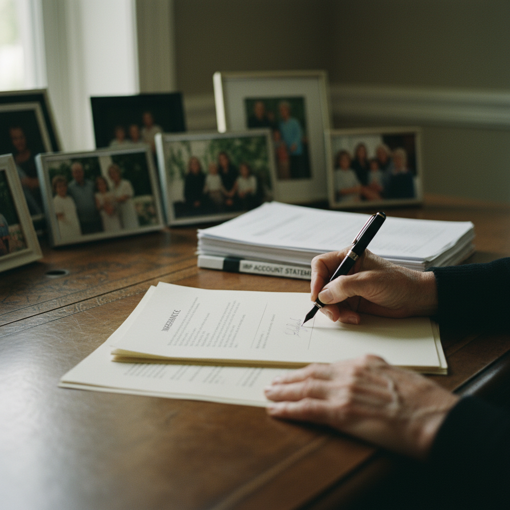 A documentary photograph of close-up hands signing inheritance documents with a fountain pen, with IRP account statements visible in the background, soft focus on family photos on the desk, shot on Fujifilm X-T5, 35mm lens, cinematic color grading, natural light, 8k, editorial photography