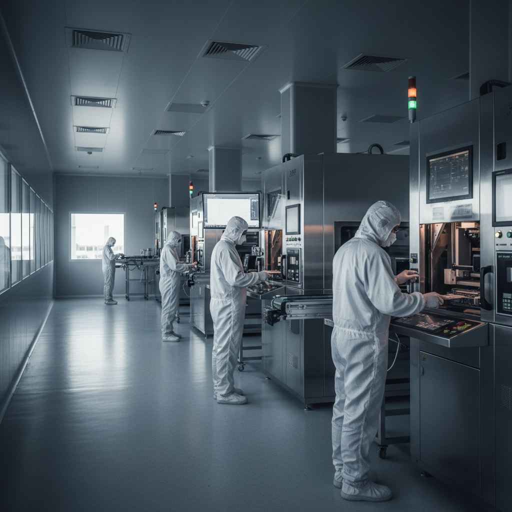 A documentary photograph of semiconductor manufacturing clean room with workers in protective suits, advanced machinery in background, shot on Fujifilm X-T5, 35mm lens, cinematic color grading, natural light, 8k, editorial photography