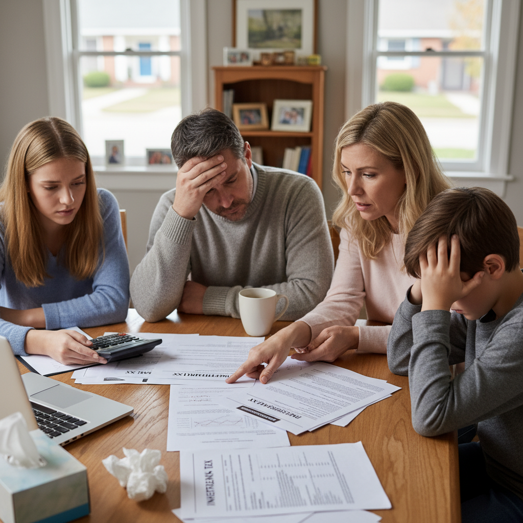 A professional commercial photograph of a middle-class family looking distressed while reviewing inheritance tax documents at their modest dining table, depth of field, high quality, realistic textures, DSLR