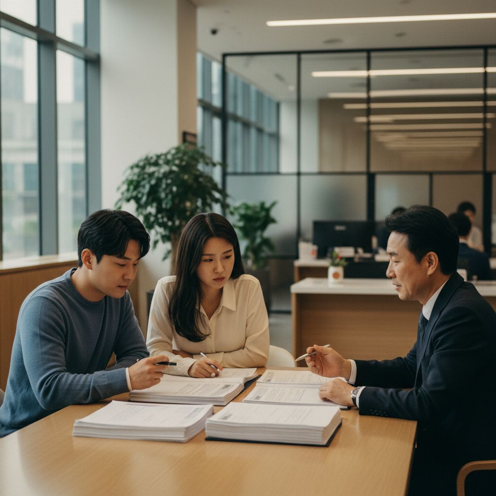 A documentary photograph of a young Korean couple carefully reviewing mortgage documents with a bank loan officer in a modern Seoul bank branch, showing concerned expressions, shot on Fujifilm X-T5, 35mm lens, cinematic color grading, natural light, 8k, editorial photography