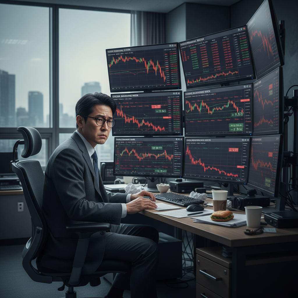A documentary photograph of an investor in Seoul checking stock prices on multiple monitors showing bank stocks declining, concerned expression, shot on Fujifilm X-T5, 35mm lens, cinematic color grading, natural light, 8k, editorial photography