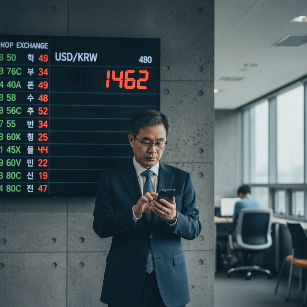 A documentary photograph of a Korean investor checking exchange rate on smartphone while standing in front of a currency exchange board showing USD/KRW at 1462, shot on Fujifilm X-T5, 35mm lens, cinematic color grading, natural light, 8k, editorial photography